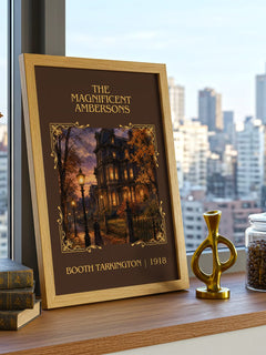 The Magnificent Ambersons Classic Book Art Print by Booth Tarkington – framed print on a city-view windowsill