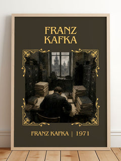 Franz Kafka Classic Book Art Print by Franz Kafka – framed print leaning on a wooden floor
