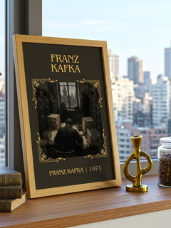 Franz Kafka Classic Book Art Print by Franz Kafka – framed print on a city-view windowsill