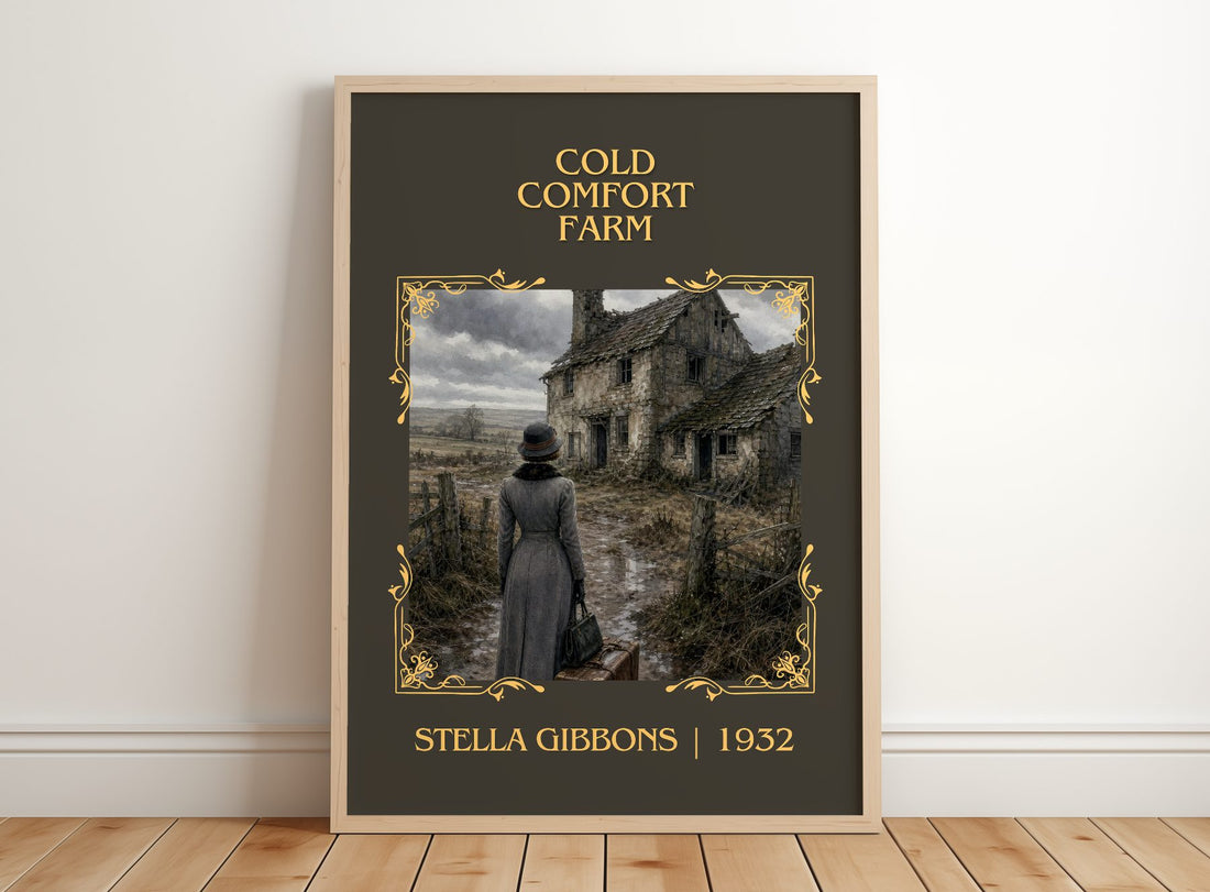 Cold Comfort Farm Classic Book Art Print by Stella Gibbons – framed print leaning on a wooden floor