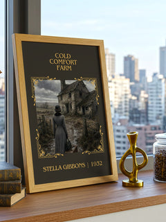 Cold Comfort Farm Classic Book Art Print by Stella Gibbons – framed print on a city-view windowsill