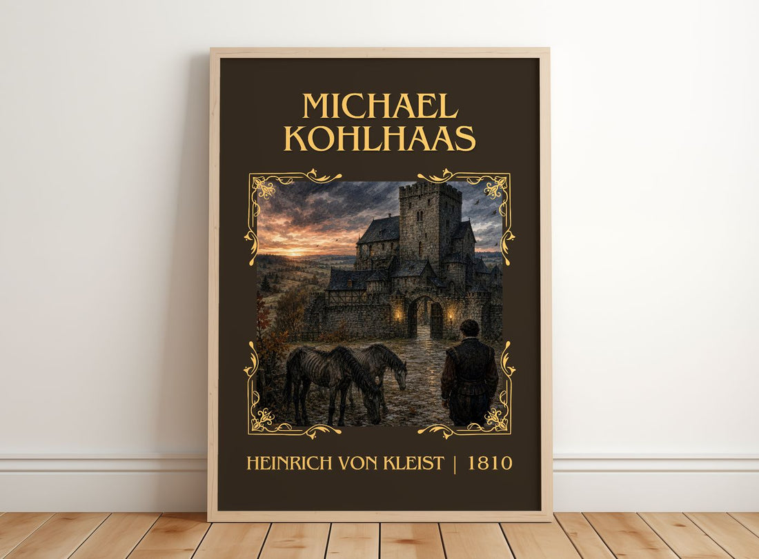 Michael Kohlhaas Classic Book Art Print by Heinrich von Kleist – framed print leaning on a wooden floor