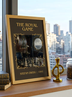 The Royal Game Classic Book Art Print by Stefan Zweig – framed print on a city-view windowsill