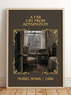 A Far Cry From Kensington Classic Book Art Print by Muriel Spark – framed print leaning on a wooden floor