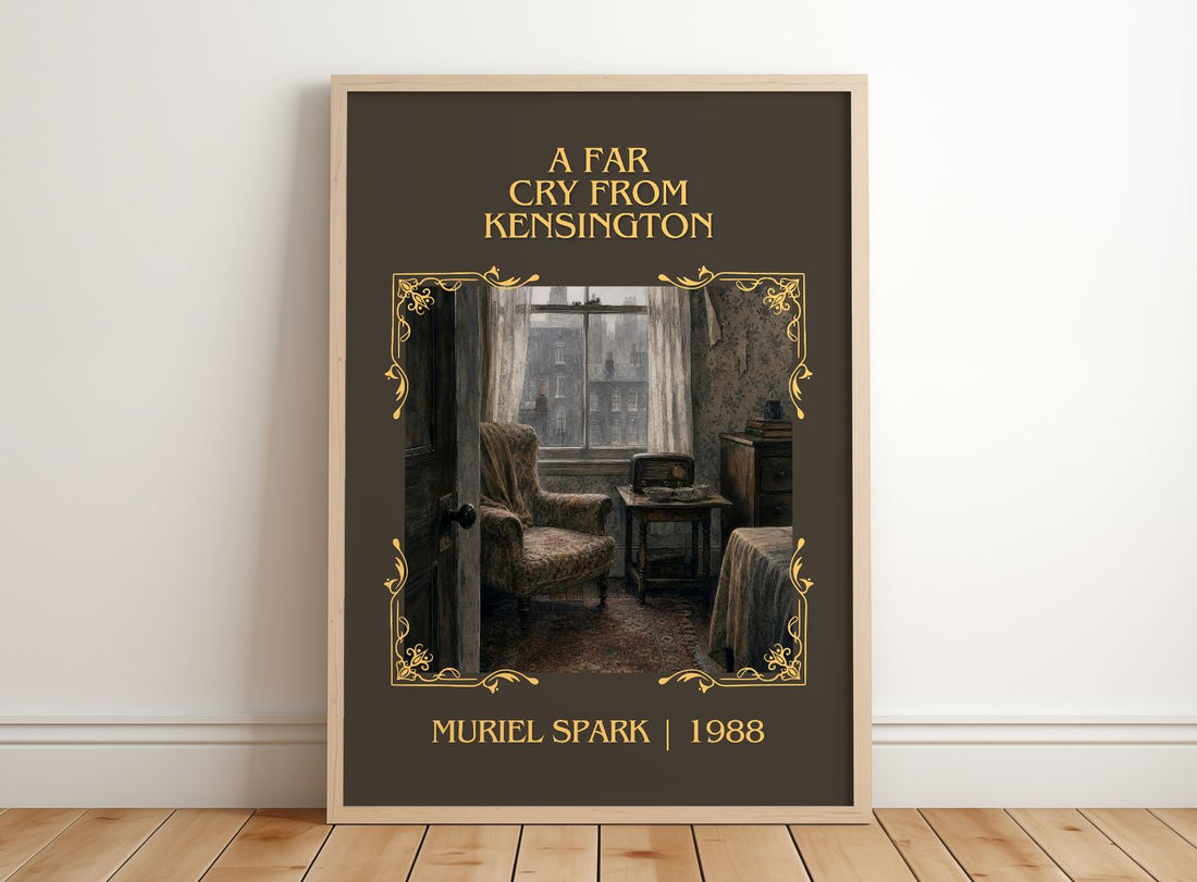 A Far Cry From Kensington Classic Book Art Print by Muriel Spark – framed print leaning on a wooden floor