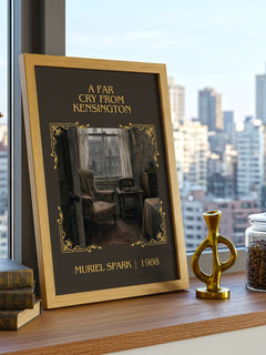 A Far Cry From Kensington Classic Book Art Print by Muriel Spark – framed print on a city-view windowsill