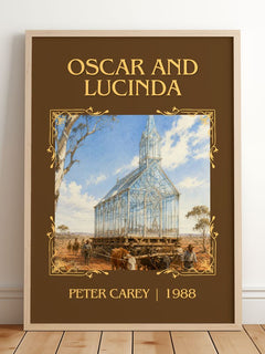 Oscar and Lucinda Classic Book Art Print by Peter Carey – framed print leaning on a wooden floor