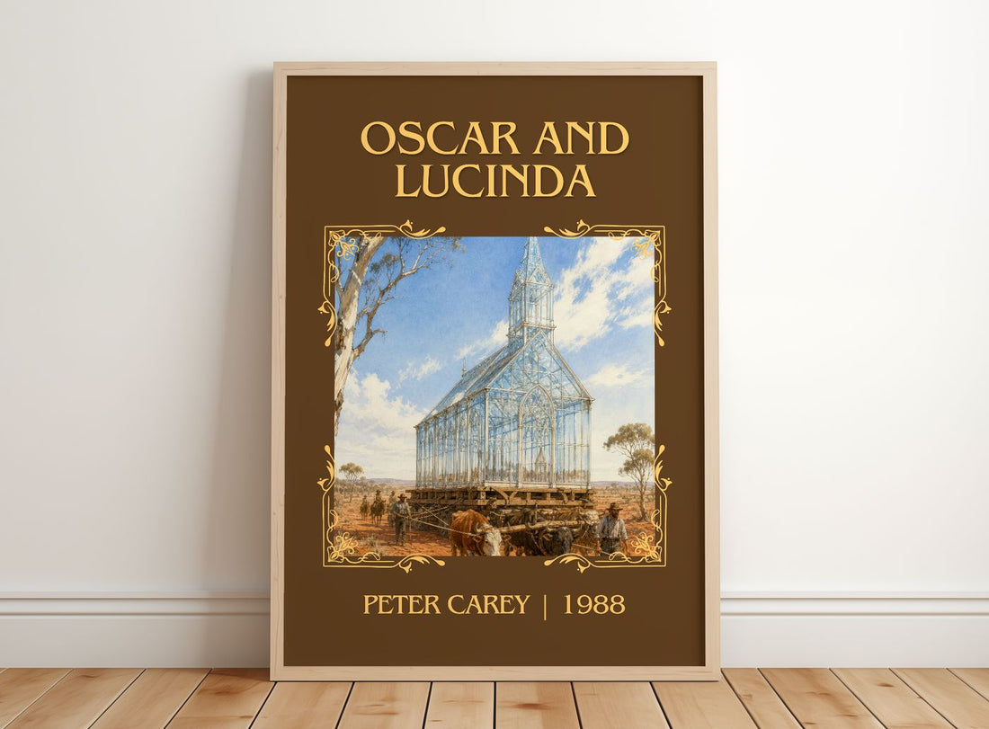 Oscar and Lucinda Classic Book Art Print by Peter Carey – framed print leaning on a wooden floor