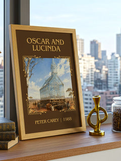 Oscar and Lucinda Classic Book Art Print by Peter Carey – framed print on a city-view windowsill