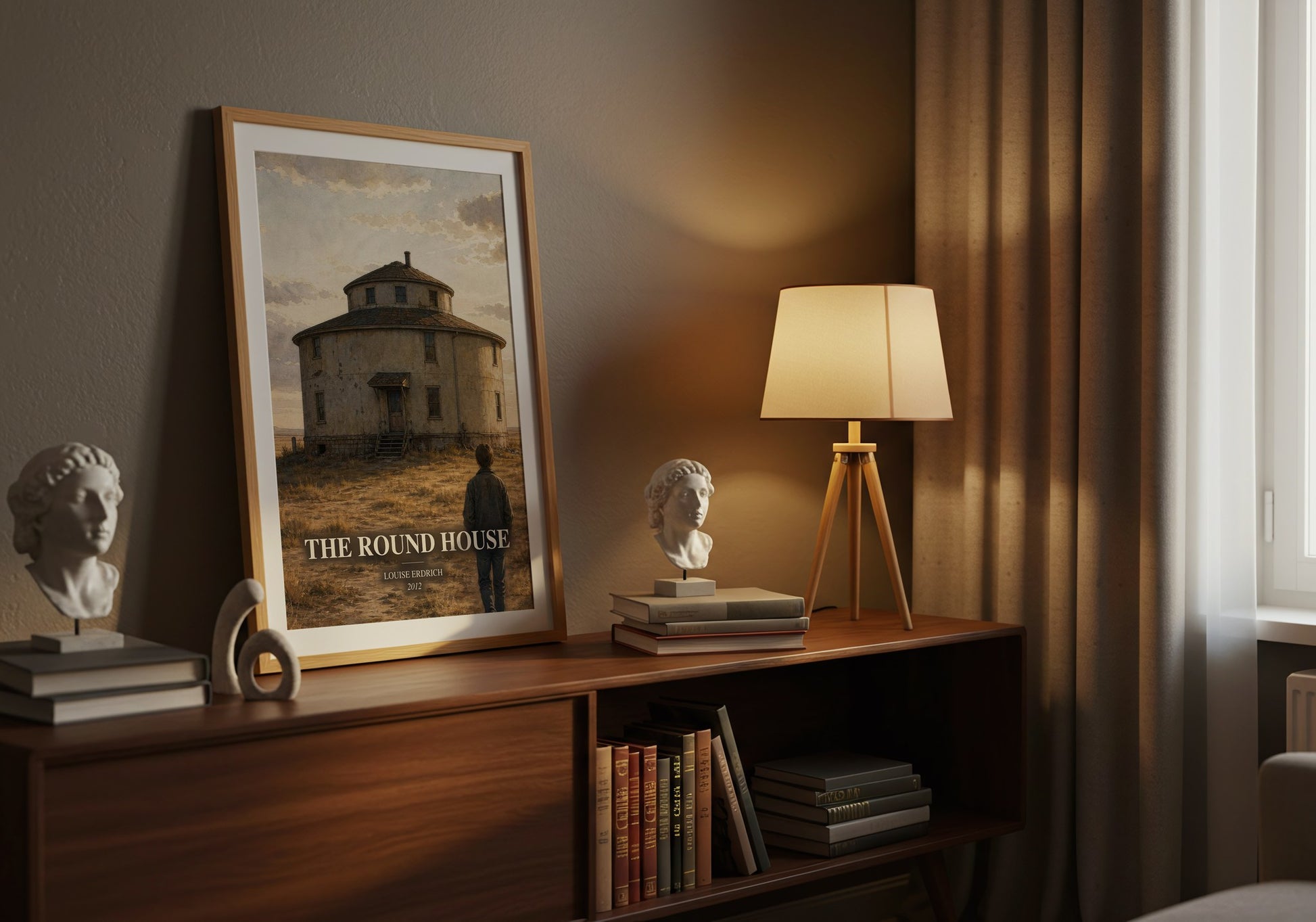 The Round House watercolour print on bookshelf – Louise Erdrich fan gift