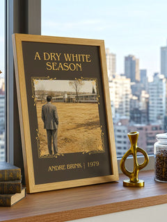 A Dry White Season Classic Book Art Print by Andre Brink – framed print on a city-view windowsill
