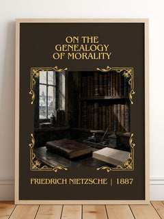 On the Genealogy of Morality Classic Book Art Print by F. Nietzsche – framed print leaning on a wooden floor