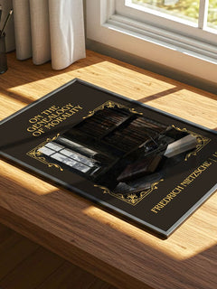On the Genealogy of Morality Classic Book Art Print by F. Nietzsche – print on a sunlit desk