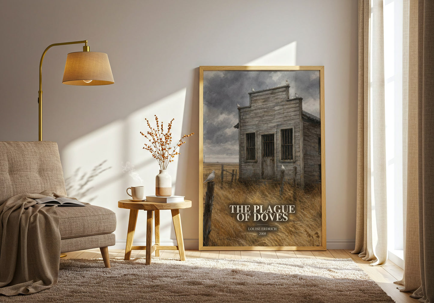 The Plague Of Doves watercolour print in frame leaning in hallway – literary fiction wall art