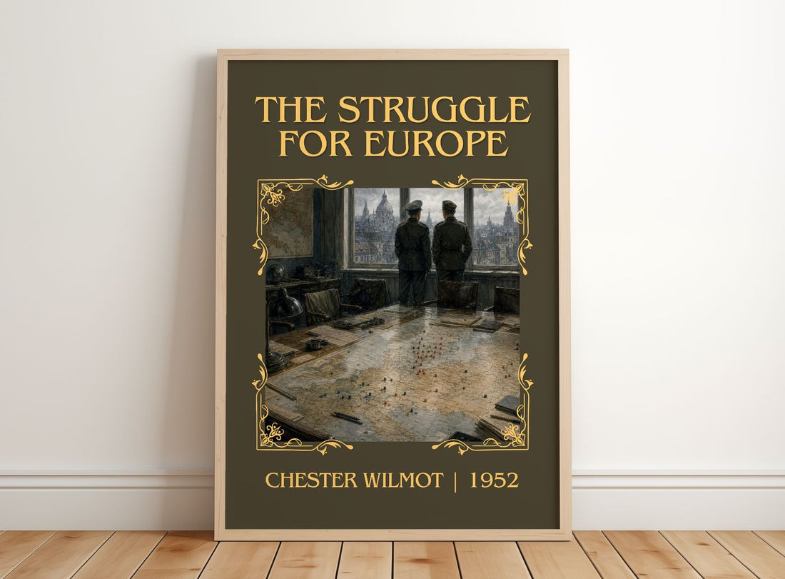 The Struggle for Europe Classic Book Art Print by Chester Wilmot – framed print leaning on a wooden floor