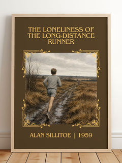 The Loneliness of the Long-distance Runner Classic Book Art Print by Alan Sillitoe – framed print leaning on a wooden floor