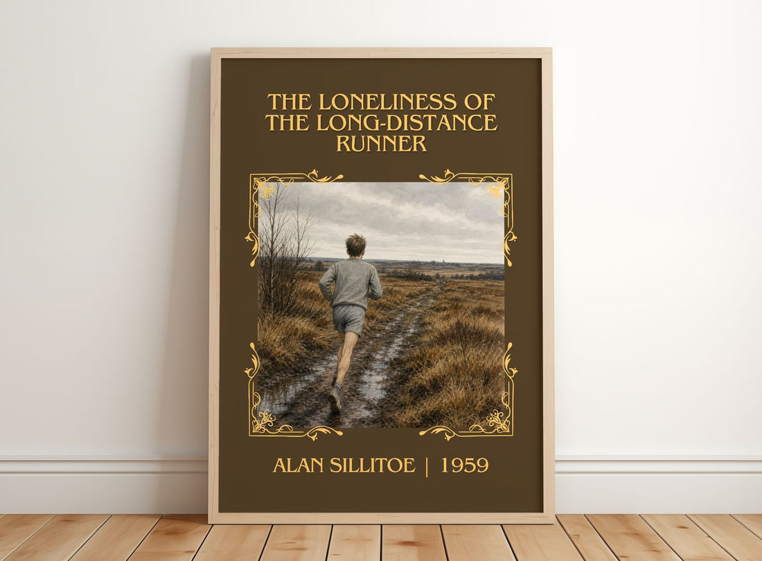 The Loneliness of the Long-distance Runner Classic Book Art Print by Alan Sillitoe – framed print leaning on a wooden floor