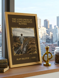 The Loneliness of the Long-distance Runner Classic Book Art Print by Alan Sillitoe – framed print on a city-view windowsill