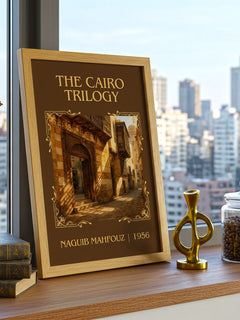 The Cairo Trilogy Classic Book Art Print by Naguib Mahfouz – framed print on a city-view windowsill