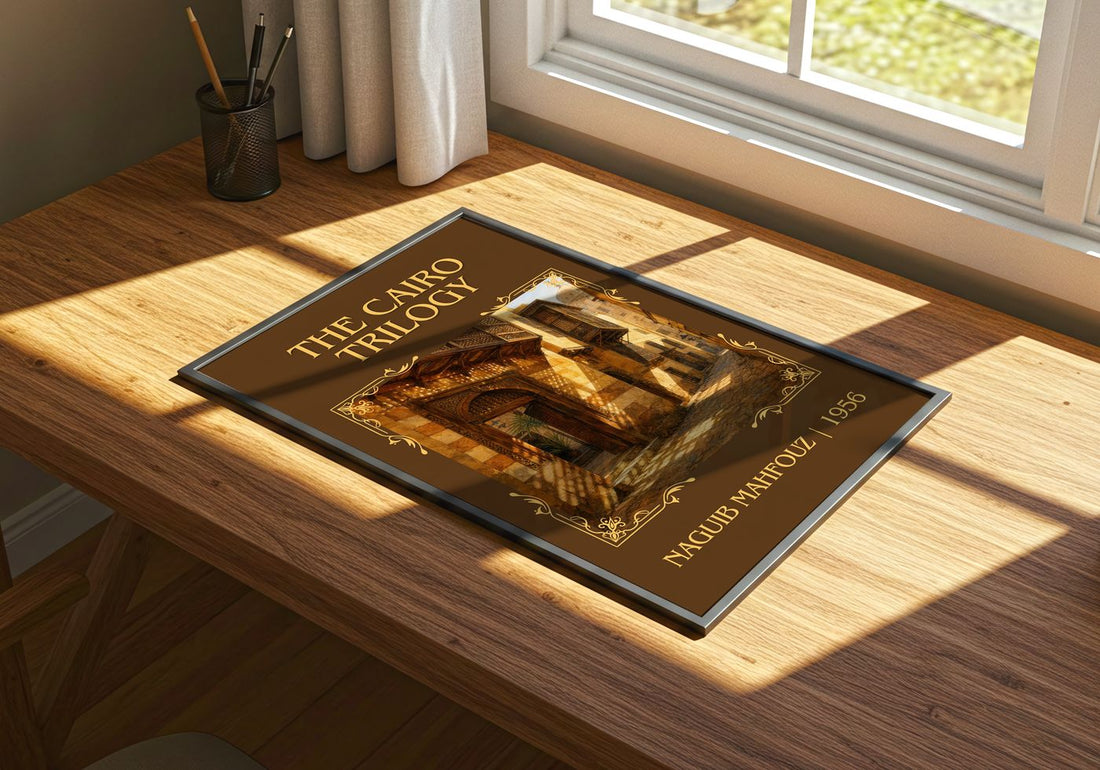 The Cairo Trilogy Classic Book Art Print by Naguib Mahfouz – print on a sunlit desk