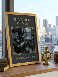 The Black Prince Classic Book Art Print by Iris Murdoch – framed print on a city-view windowsill