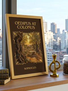 Oedipus at Colonus Classic Book Art Print by Sophocles – framed print on a city-view windowsill