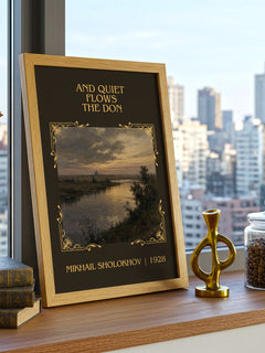 And Quiet Flows The Don Classic Book Art Print by Mikhail Sholokhov – framed print on a city-view windowsill