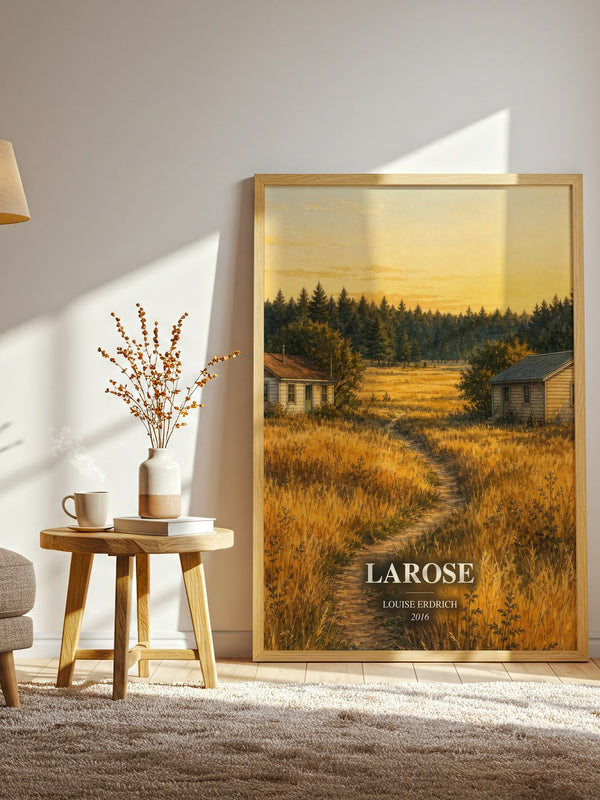 Larose watercolour print in frame leaning in hallway – literary fiction wall art