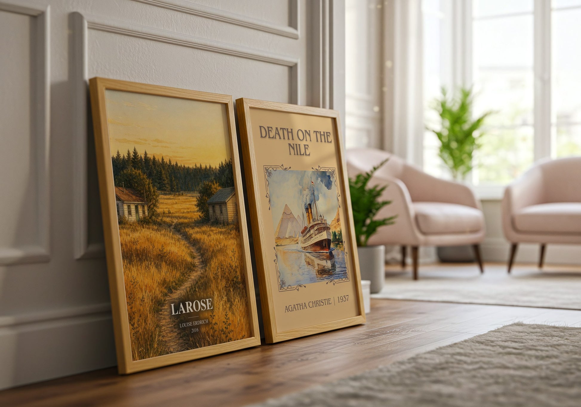Larose watercolour print framed by window – literary home decor
