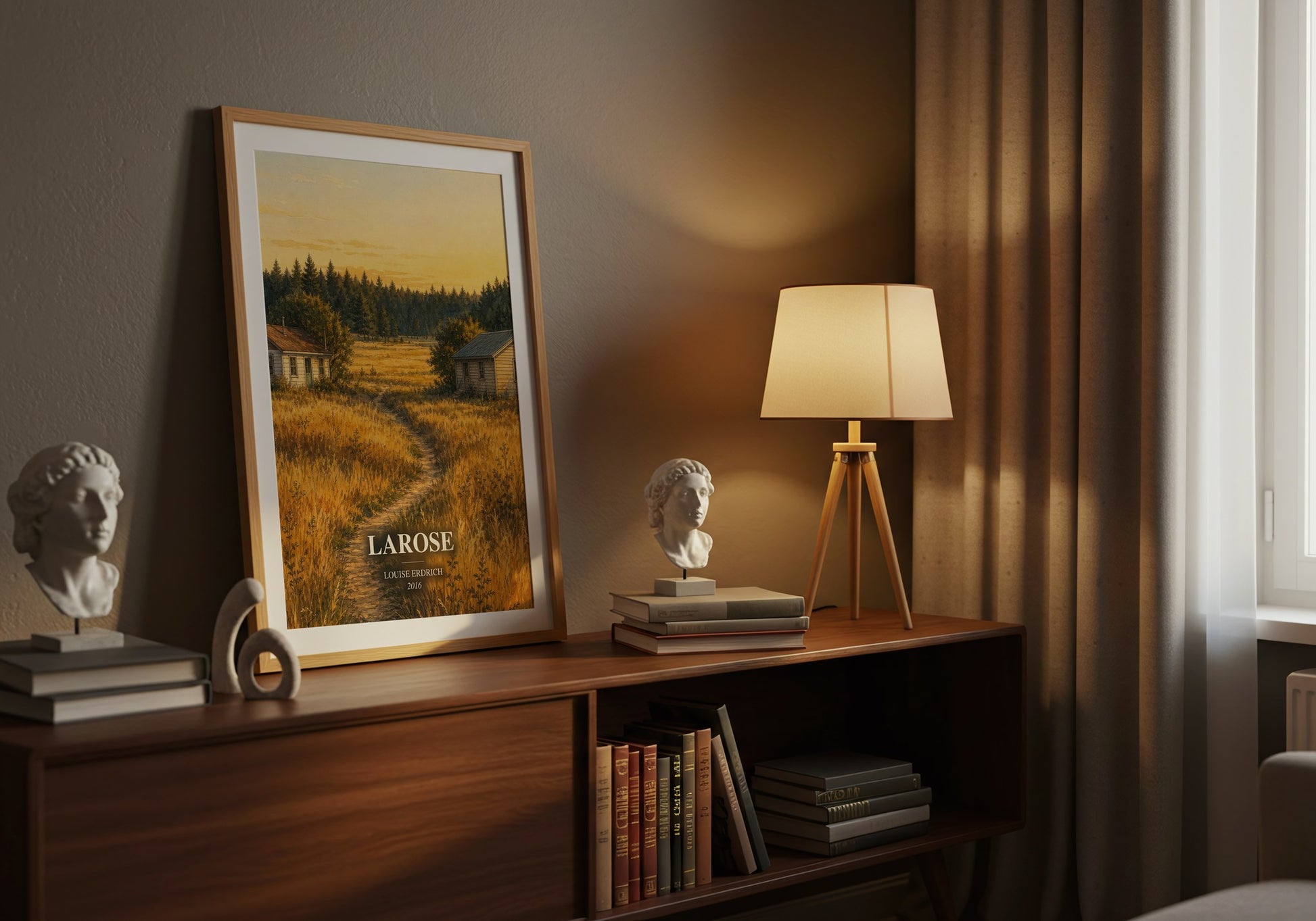 Larose watercolour print on bookshelf – Louise Erdrich fan gift