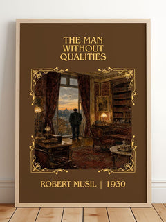The Man Without Qualities Classic Book Art Print by Robert Musil – framed print leaning on a wooden floor