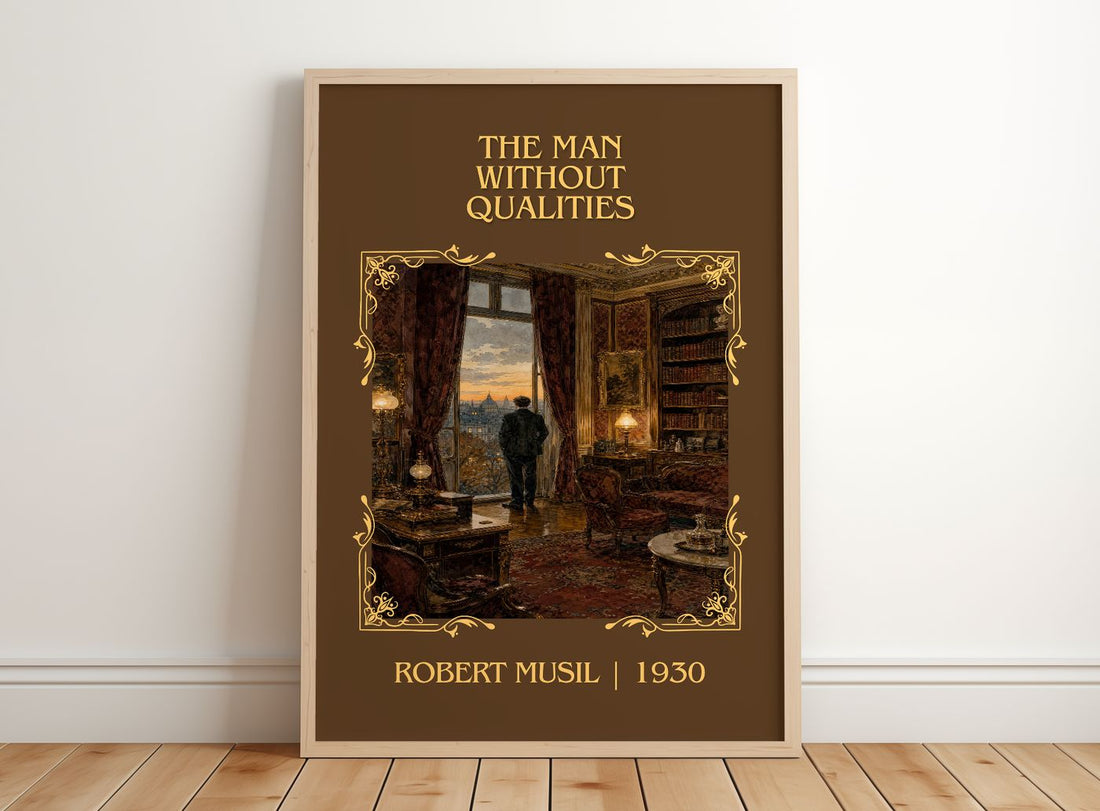 The Man Without Qualities Classic Book Art Print by Robert Musil – framed print leaning on a wooden floor
