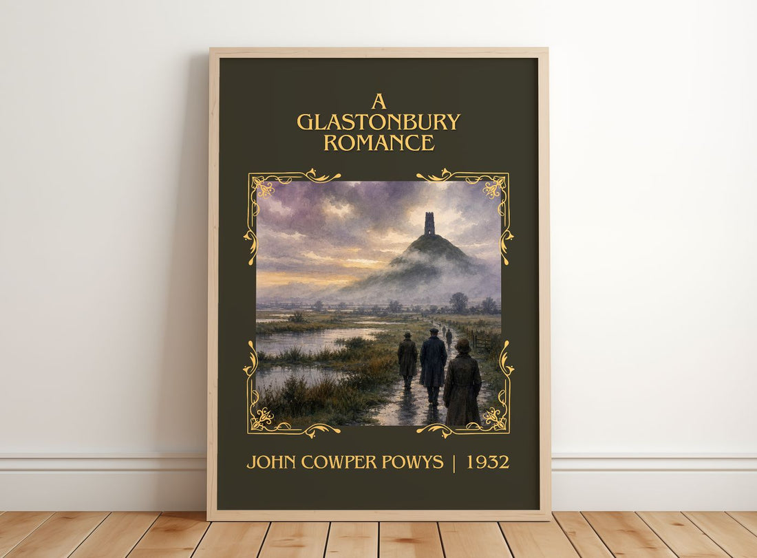 A Glastonbury Romance Classic Book Art Print by John Cowper Powys – framed print leaning on a wooden floor