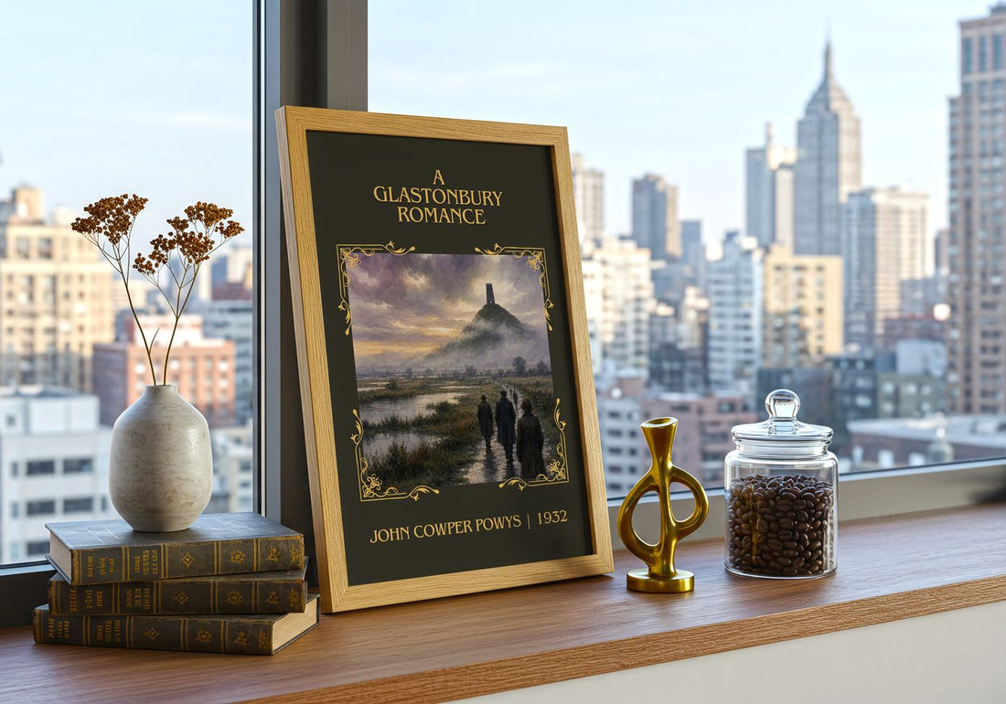 A Glastonbury Romance Classic Book Art Print by John Cowper Powys – framed print on a city-view windowsill