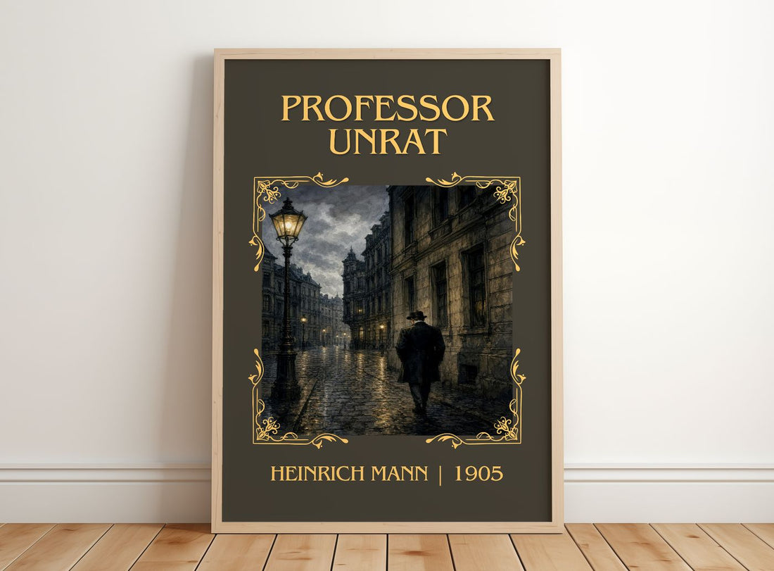 Professor Unrat Classic Book Art Print by Heinrich Mann – framed print leaning on a wooden floor