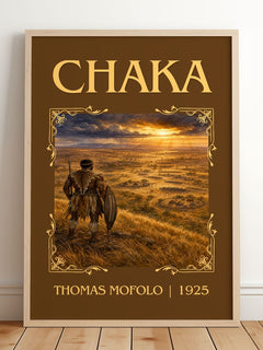 Chaka Classic Book Art Print by Thomas Mofolo – framed print leaning on a wooden floor