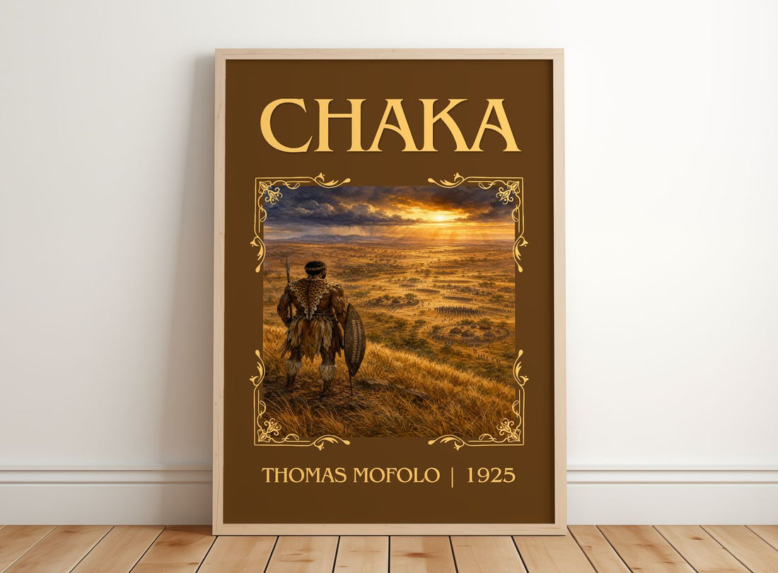 Chaka Classic Book Art Print by Thomas Mofolo – framed print leaning on a wooden floor
