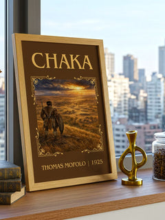 Chaka Classic Book Art Print by Thomas Mofolo – framed print on a city-view windowsill