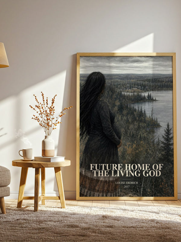 Future Home Of The Living God watercolour print in frame leaning in hallway – dystopian wall art