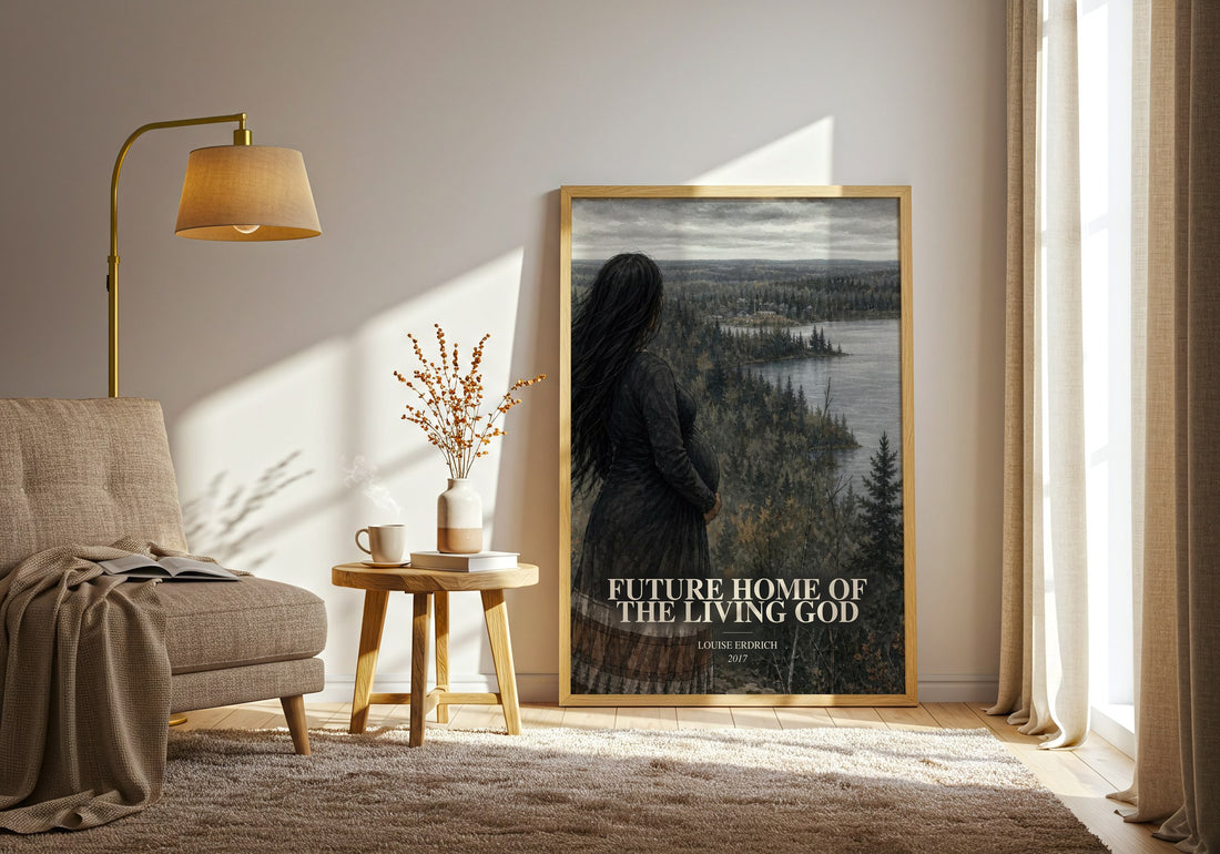 Future Home Of The Living God watercolour print in frame leaning in hallway – dystopian wall art (mockup)