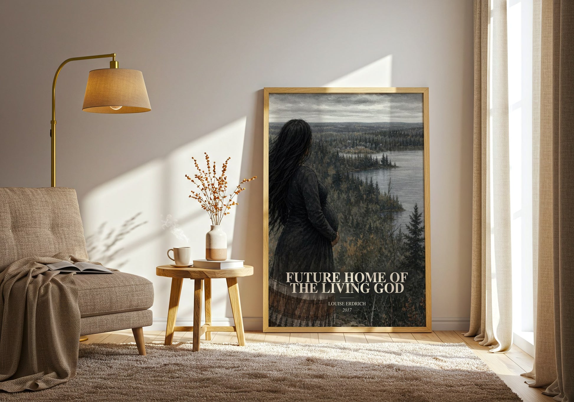 Future Home Of The Living God watercolour print in frame leaning in hallway – dystopian wall art