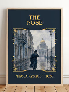 The Nose Classic Book Art Print by Nikolai Gogol – framed print leaning on a wooden floor