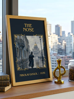 The Nose Classic Book Art Print by Nikolai Gogol – framed print on a city-view windowsill