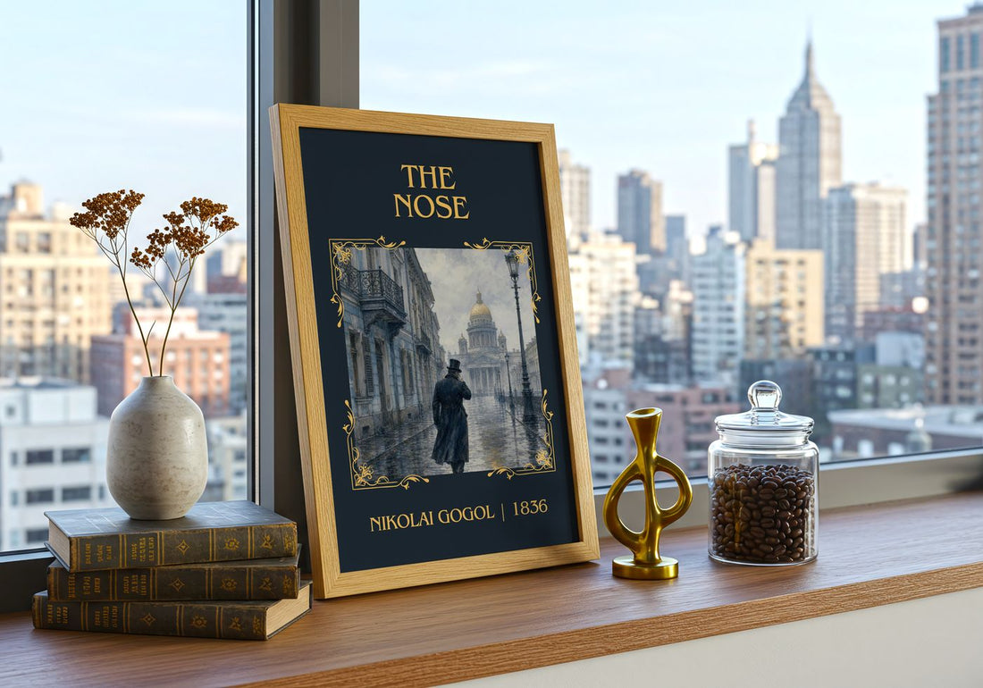 The Nose Classic Book Art Print by Nikolai Gogol – framed print on a city-view windowsill