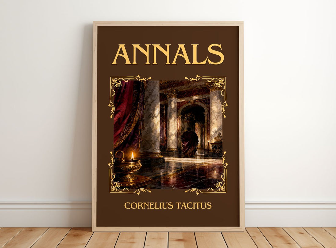 Annals Classic Book Art Print by Cornelius Tacitus – framed print leaning on a wooden floor