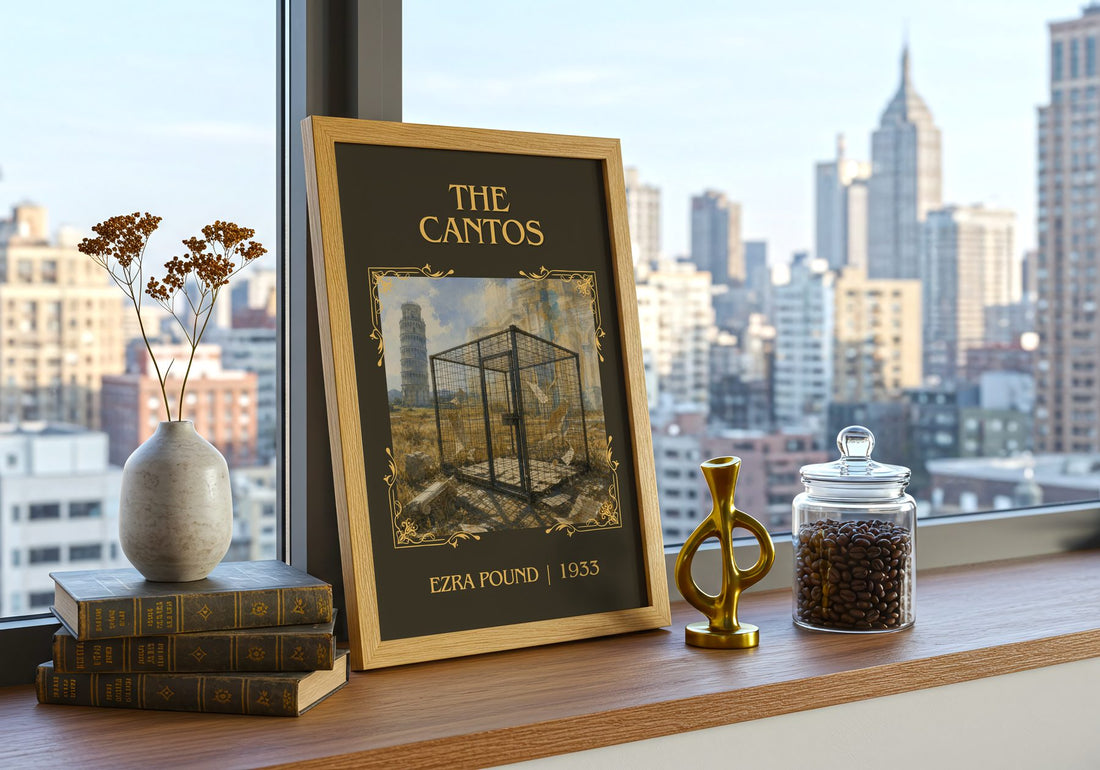 The Cantos Classic Book Art Print by Ezra Pound – framed print on a city-view windowsill