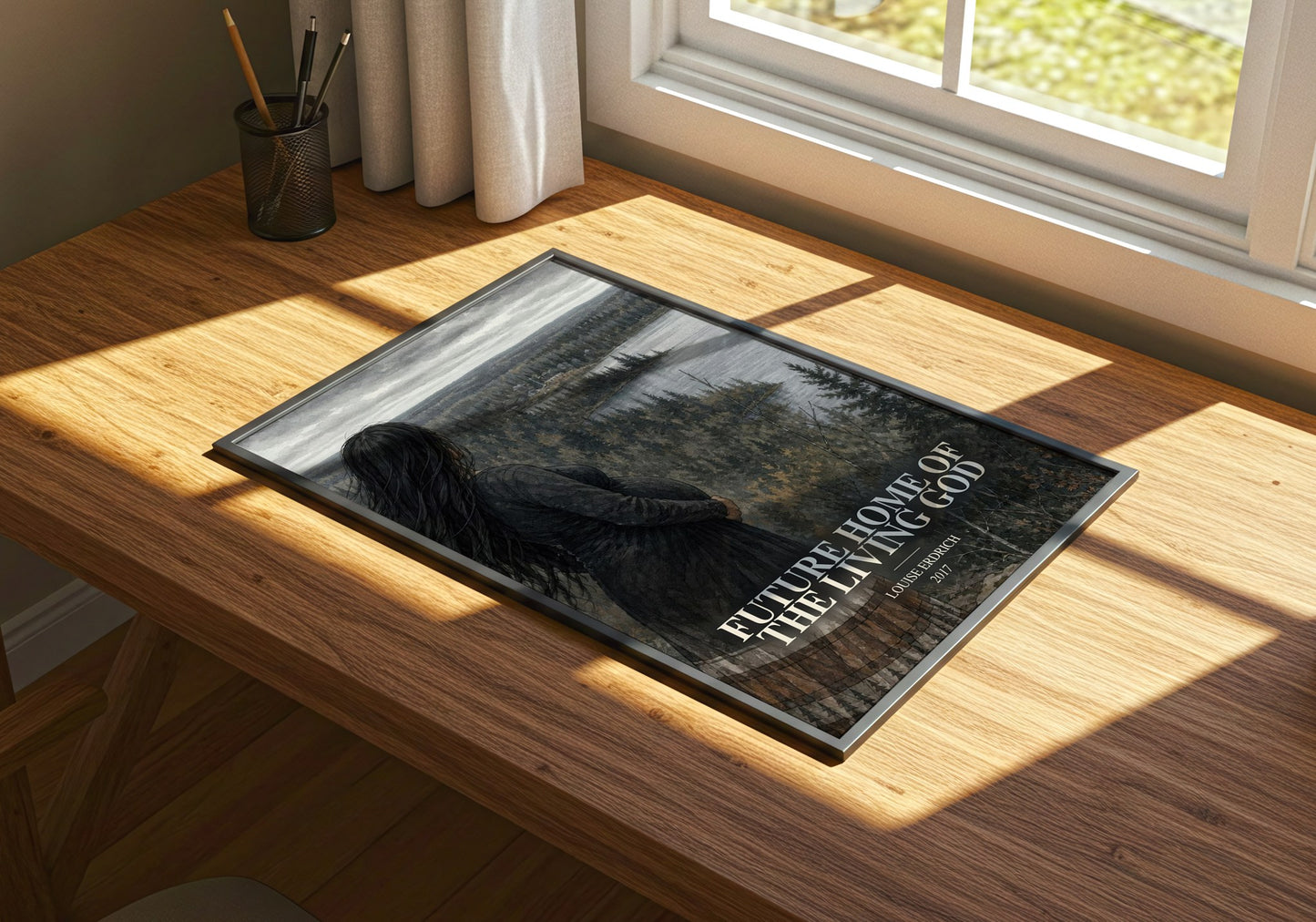 Future Home Of The Living God watercolour book poster framed on wall – dystopian wall art