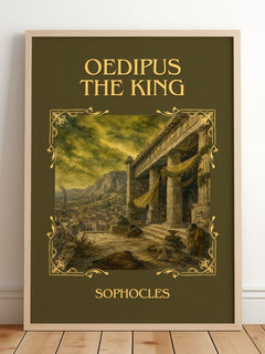 Oedipus the King Classic Book Art Print by Sophocles – framed print leaning on a wooden floor