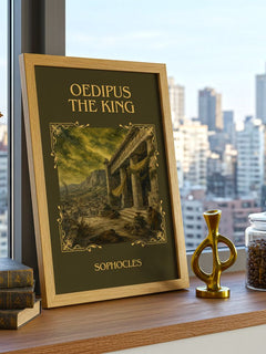 Oedipus the King Classic Book Art Print by Sophocles – framed print on a city-view windowsill