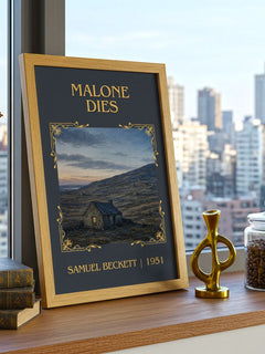 Malone Dies Classic Book Art Print by Samuel Beckett – framed print on a city-view windowsill